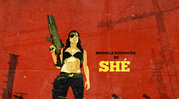 Michelle Rodriguez caracterizada como a revolucionária "Shé". Sacou as referências, né?